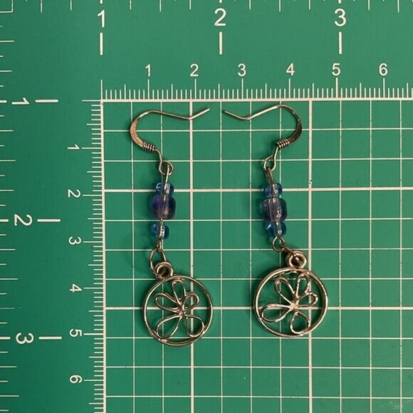 Silver Tone Blue Beaded Flower Drop Dangle Earrings - Picture 4 of 4
